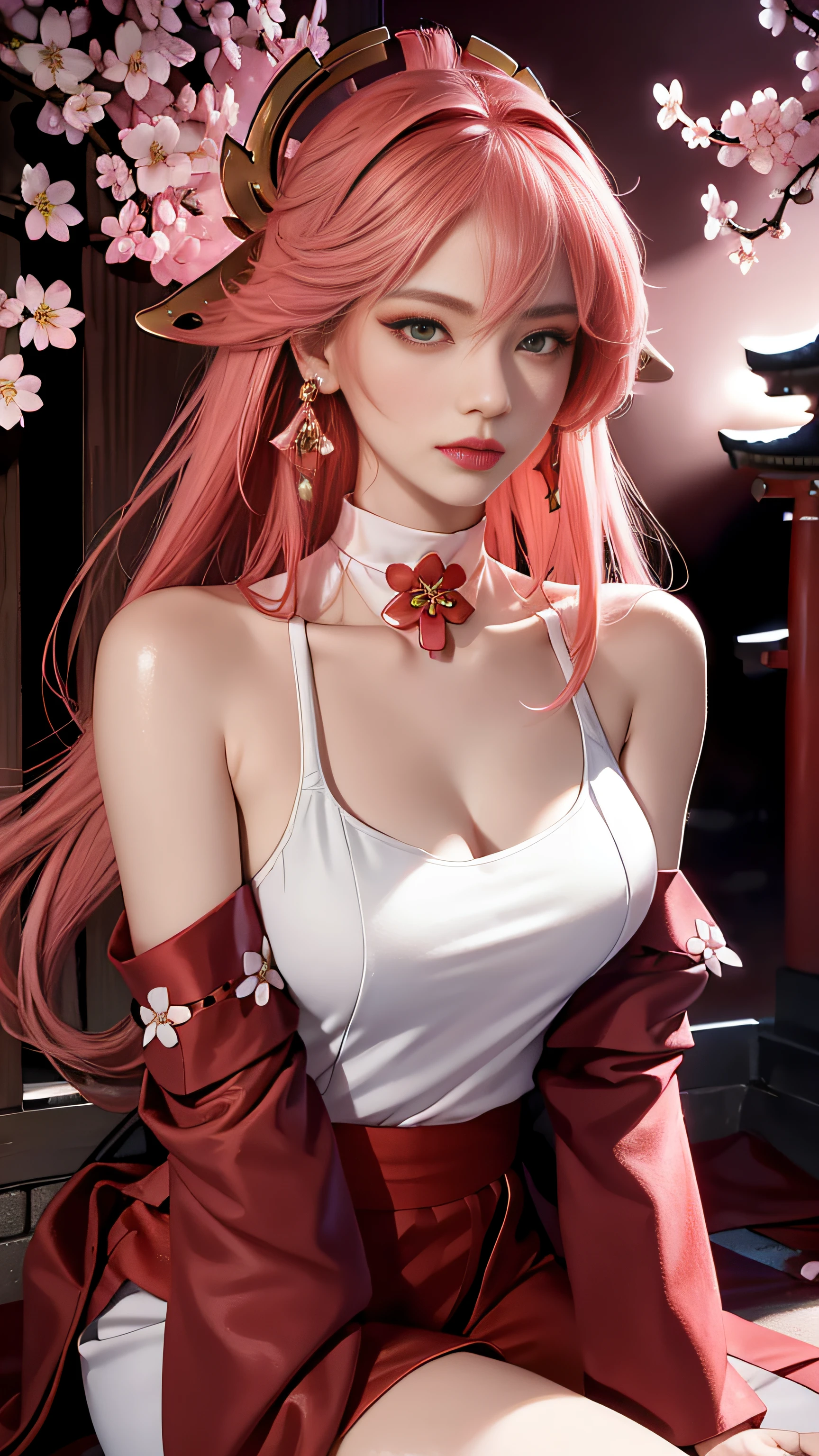 (Masterpiece, Excellent, 1girl, solo, complex details, color difference), realism, ((medium breath)), off-the-shoulders, big breasts, sexy, Yae Miko, long pink hair, red headdress, red highlight, hair above one eye, green eyes, earrings, sharp eyes, perfectly symmetrical figure, choker, neon shirt, open jacket, turtleneck sweater, against the wall, brick wall, graffiti, dim lighting, alley, looking at the audience, ((mean, seductive, charming)), ((cherry blossom background ))),((Japanese temple background)))), (((Glow-in-the-dark background)))