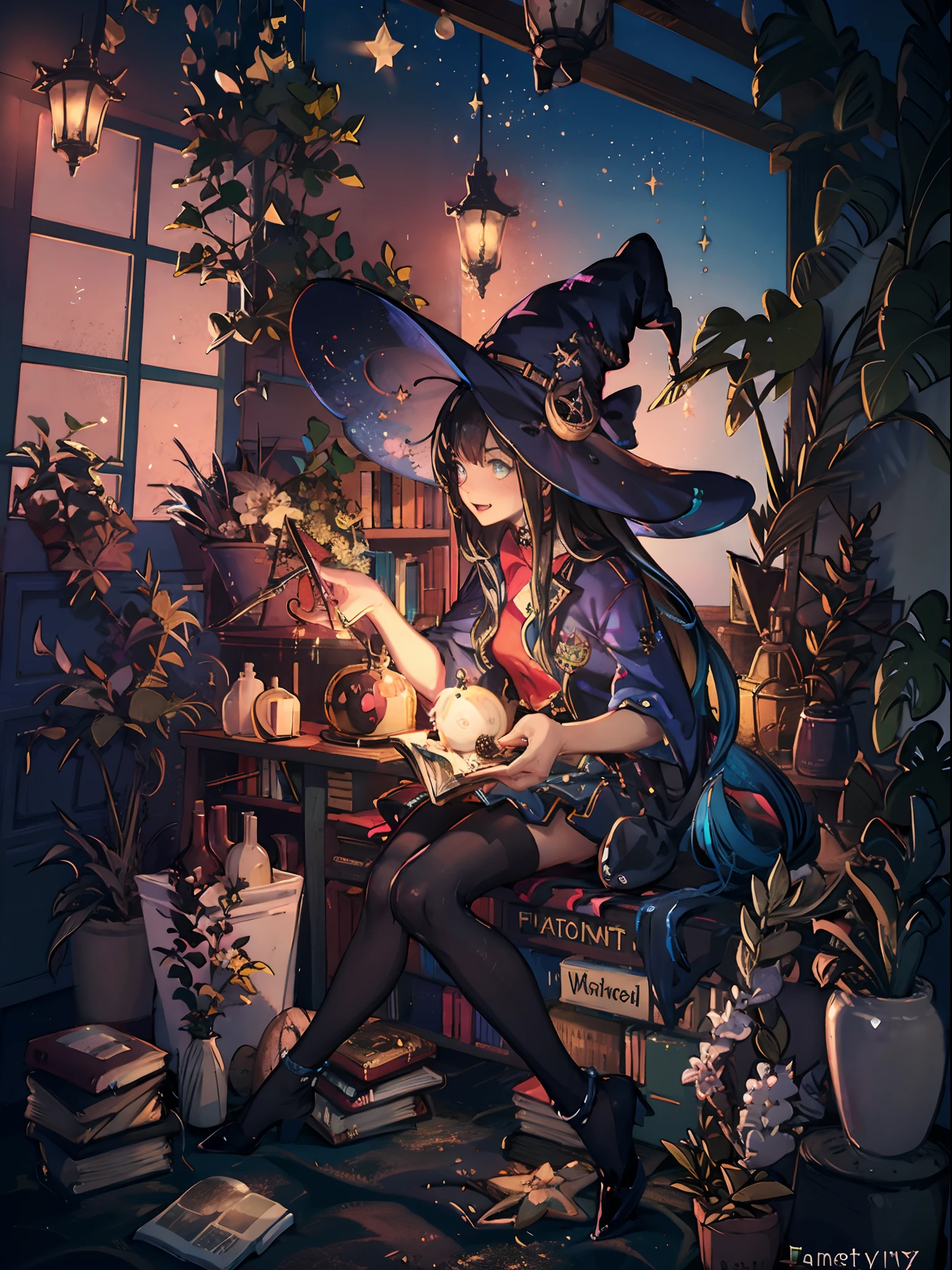 (Masterpiece:1.2, high quality), (pixiv:1.4), ,fansty world,  {{{best quality}}}, {{ultra-detailed}}, {illustration}, cinematic angle, {detailed light},cinematic lighting. A witch wearing witch outfit, witch hat