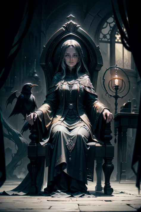 An old witch sits in a Kadilau chair in the background，She was holding a Soniste crow ，gloomy castle，solid color backdrop，clean ...