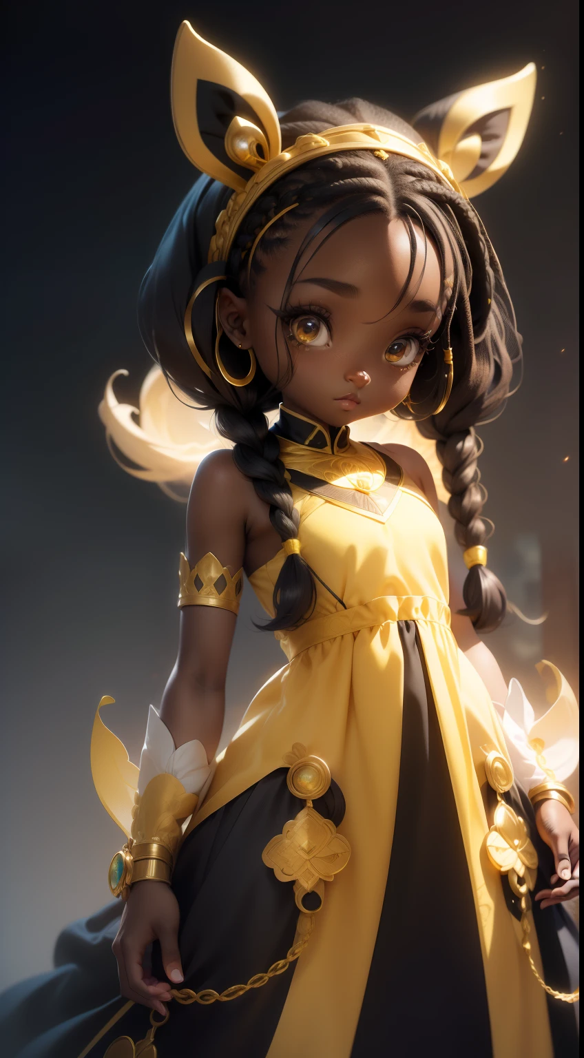 detailed cartoon, Black young princess sister with hair braids and almond-shaped eyes, Dark brown skin, The whole body is wearing a yellow princess dress, cartoon character, 8K, High quality, high resolution, 4K, HD,(Well-designed body), amazing body, (Super detailed), Beautiful eyes, Cartoon