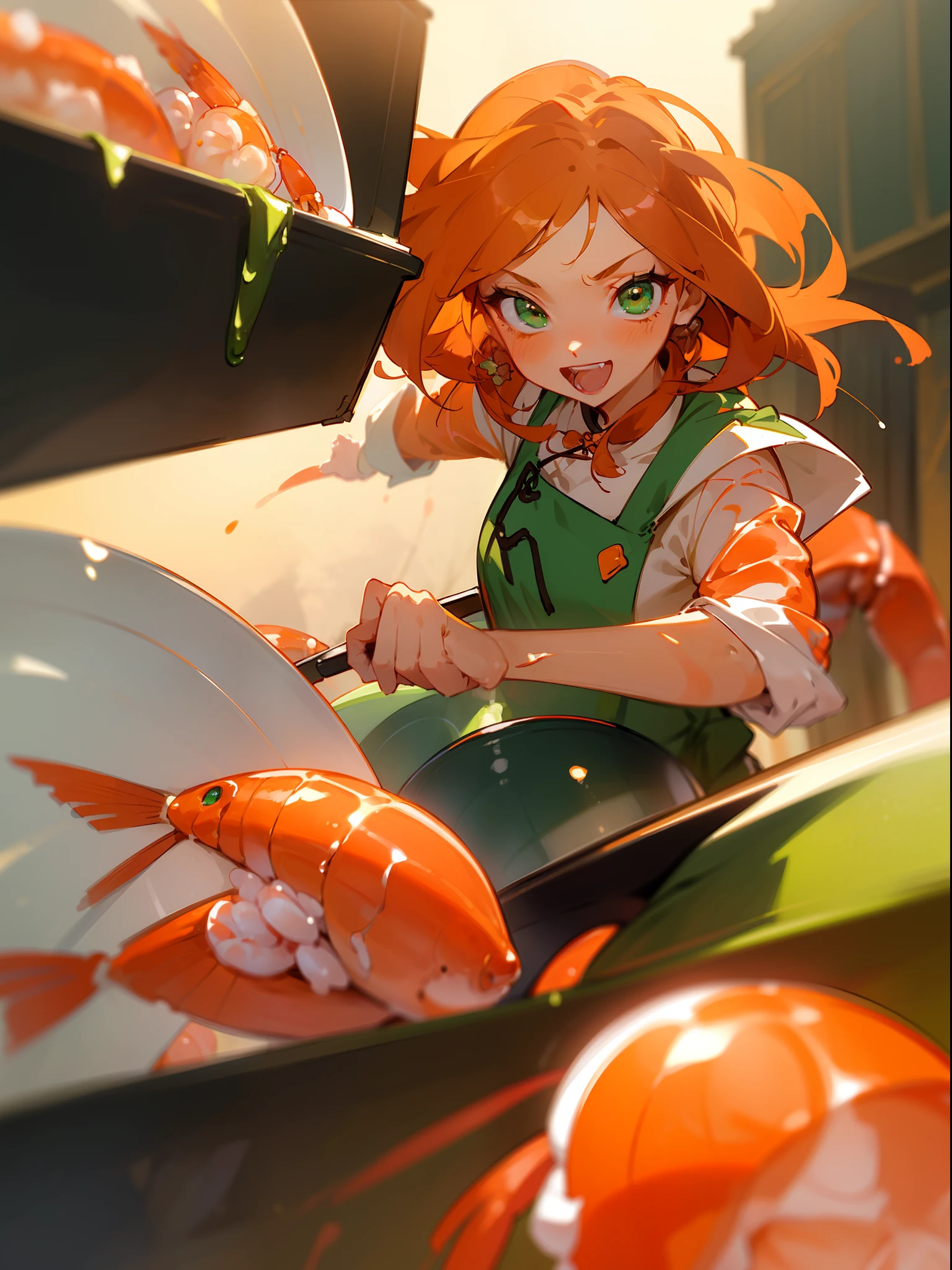 ​masterpiece、top-quality、hight resolution、profetional lighting、anime styled、Details of the face and clothes、(1girl in、独奏、Competing Art、Orange hair、Green eyes、Laugh、Cooking in the kitchen、Cooking shrimp on a plate)