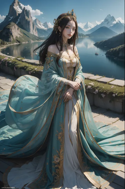 ((top-quality、​masterpiece、photographrealistic:1.4、in 8K))、Beautuful Women、18year old、beautiful countenance、extremely detailed eye and face、beatiful detailed eyes、（Luxury dresses in the style of medieval Europe、Princess）、Luxury accessories、（Mysterious lake...