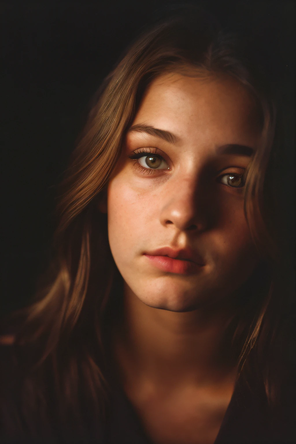 (gros plan, editorial photograph of a 21 year old woman), (high detail face:1.4) (sourire:0.7) (background inside dark, morose, private study:1.3) POV, Par Lee Jeffries, Nikon D850, Photographie de film ,4 Kodak Portra 400 ,camera f1.6 lentilles ,couleurs riches ,hyper realistic ,lifelike texture, dramatic lighting , Cinestill 800,