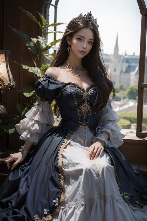 ((top-quality、​masterpiece、photographrealistic:1.4、8K))、Beautuful Women、delicate and beautiful face、（Princess rides in carriage、Generate a look heading to the heart of the kingdom。Her dress is in beautiful colors、The carriage is ornately decorated。A magnif...