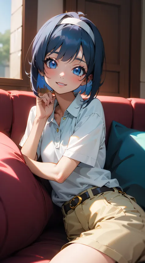 anime girl in white polo shirt and white shorts sitting on sofa、blue eyes、laugh、indigo hair、bob cuts、white hairband, smooth anim...