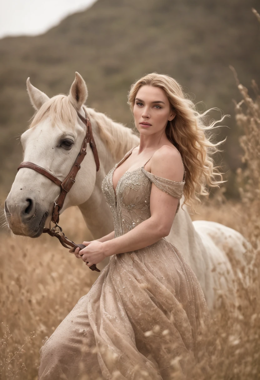 A woman in a dress is walking a horse through a field - SeaArt AI