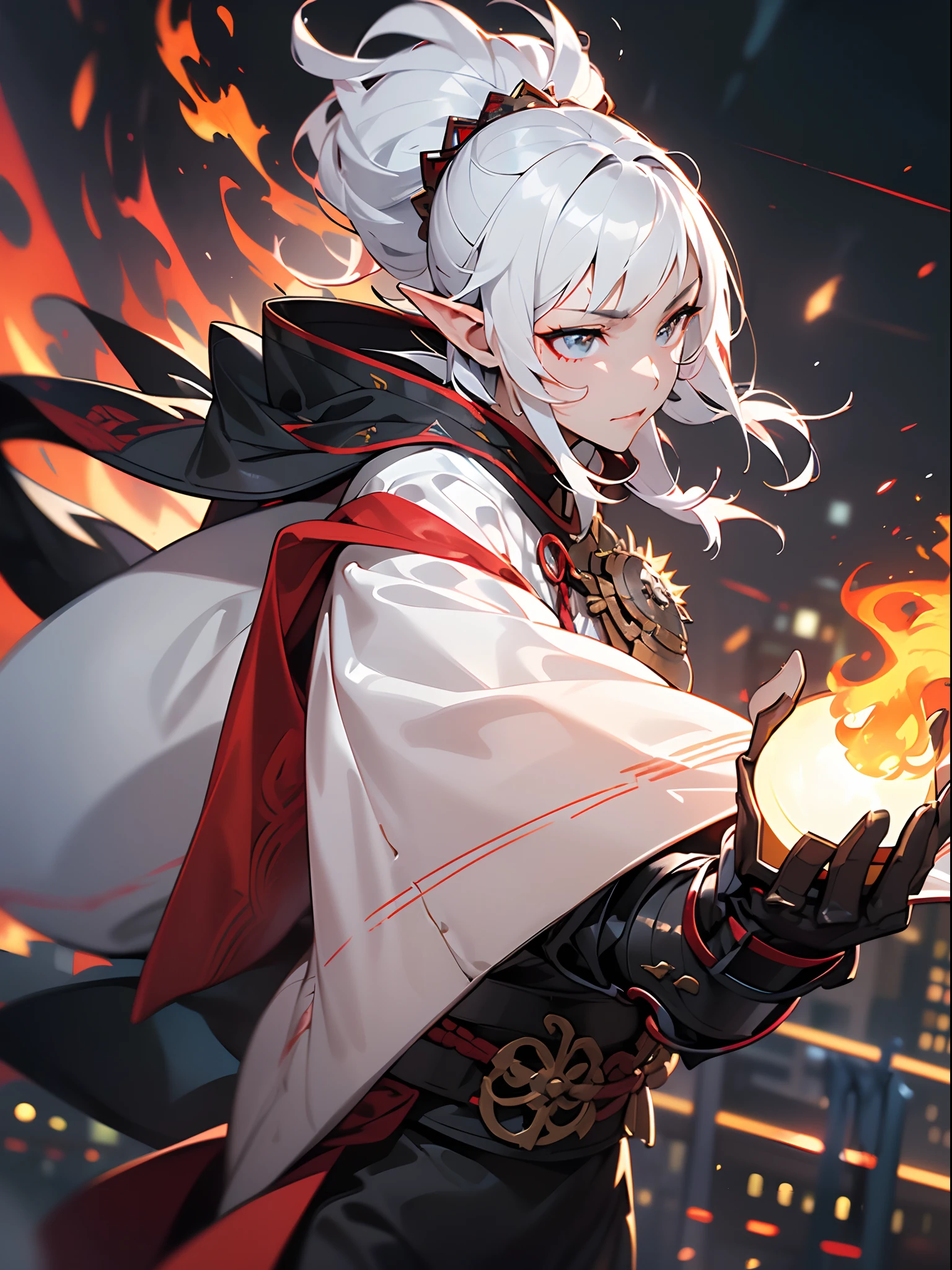 ((jpn)),((Best Quality)),((Beautifully painted)),((hight resolution)),1girl in,Luminescent beautiful elven daughter,(((onmyouji))),(((suikan))),((White cloak with red decoration)),Luminescent bushy silver-haired ponytail,(((black gauntlet and glove))),nice hand, Perfect hands,(((Fight black demon monsters in the streets of a big city on a blazing night))),((Flying flames)),armor,(face forcus),(((speed lines))),(((motion blur))),(((dynamic angle))),((cinematic lighting))