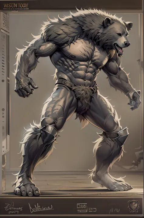 Game character standing drawing design，Black Bear Warriors，Fur shoulders，Stout limbs，Muscle explosions，Equipped with a huge chain boxing holster，Different layers overlay，Different angles，（Left view full body：1.4），solid color backdrop，clean backdrop，depth o...