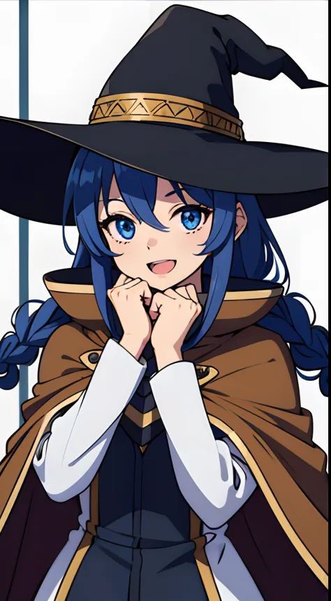 Roxy Migurdia, masutepiece, Best Quality, Very detailed background, cafes, hands on own cheeks, Open mouth, Smile, Put your arms back, Bangs, Black tiara, Blue eyes, Blue hair, braid, brown cape, Cape, hair between eye, hat, Long hair, Witch Hat