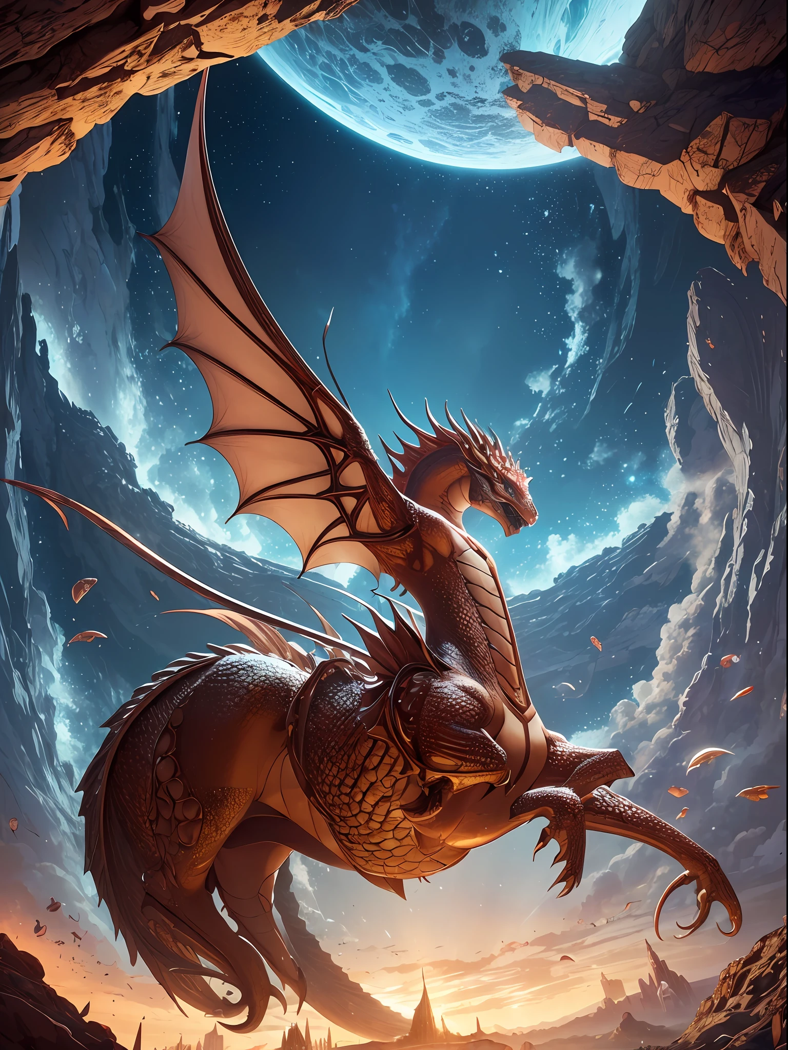 (Masterpiece, Top Quality, Best Quality, Ultimate Detail, Highest Detail, Official Art, Beauty & Aesthetics: 1.2), Golden Ratio, Full Composition, official art, Unity 8k wallpaper, super detailed, beautiful, (fractal art: 1.4), the naked school girl is riding on the red dragon,flying over the town, full body, crystallineAI, from below, splash