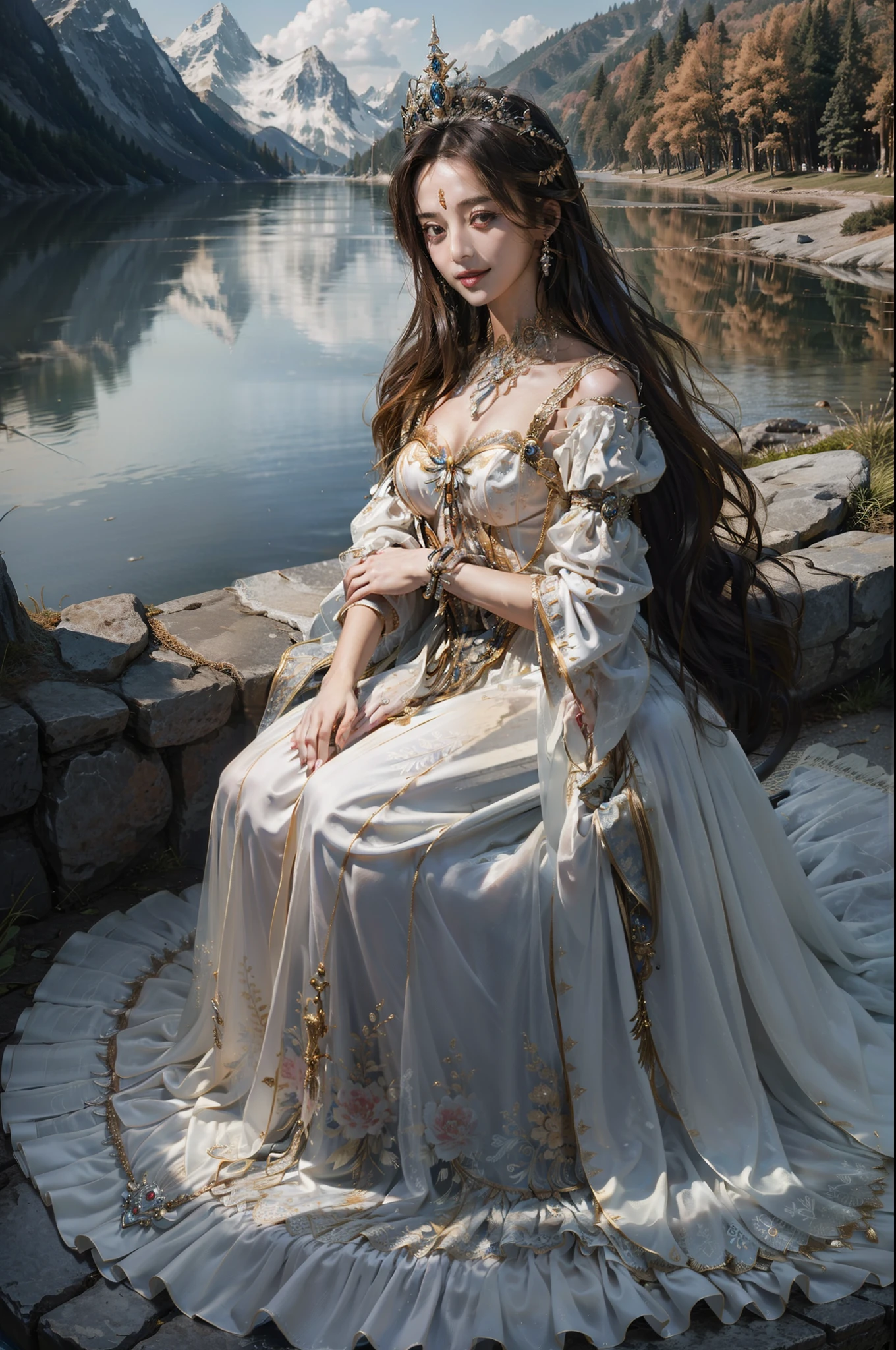 ((top-quality、​masterpiece、photographrealistic:1.4、in 8K))、Beautuful Women、18year old、beautiful expression、extremely detailed eye and face、beatiful detailed eyes、（Luxury dresses in the style of medieval Europe、Princess）、Luxury accessorieysterious lake and mountains in the background々）、Cinematic lighting、Textured skin、Super Detail、high detailing、High quality、hight resolution、Looking at Viewer、Elegant smile、Full body、europian
