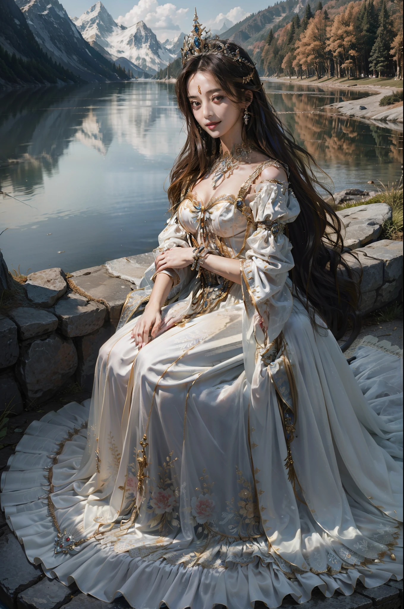 ((top-quality、​masterpiece、photographrealistic:1.4、in 8K))、Beautuful Women、18year old、beautiful expression、extremely detailed eye and face、beatiful detailed eyes、（Luxury dresses in the style of medieval Europe、Princess）、Luxury accessories、（Mysterious lake and mountains in the background々）、Cinematic lighting、Textured skin、Super Detail、high detailing、High quality、hight resolution、Looking at Viewer、Elegant smile、Full body、europian