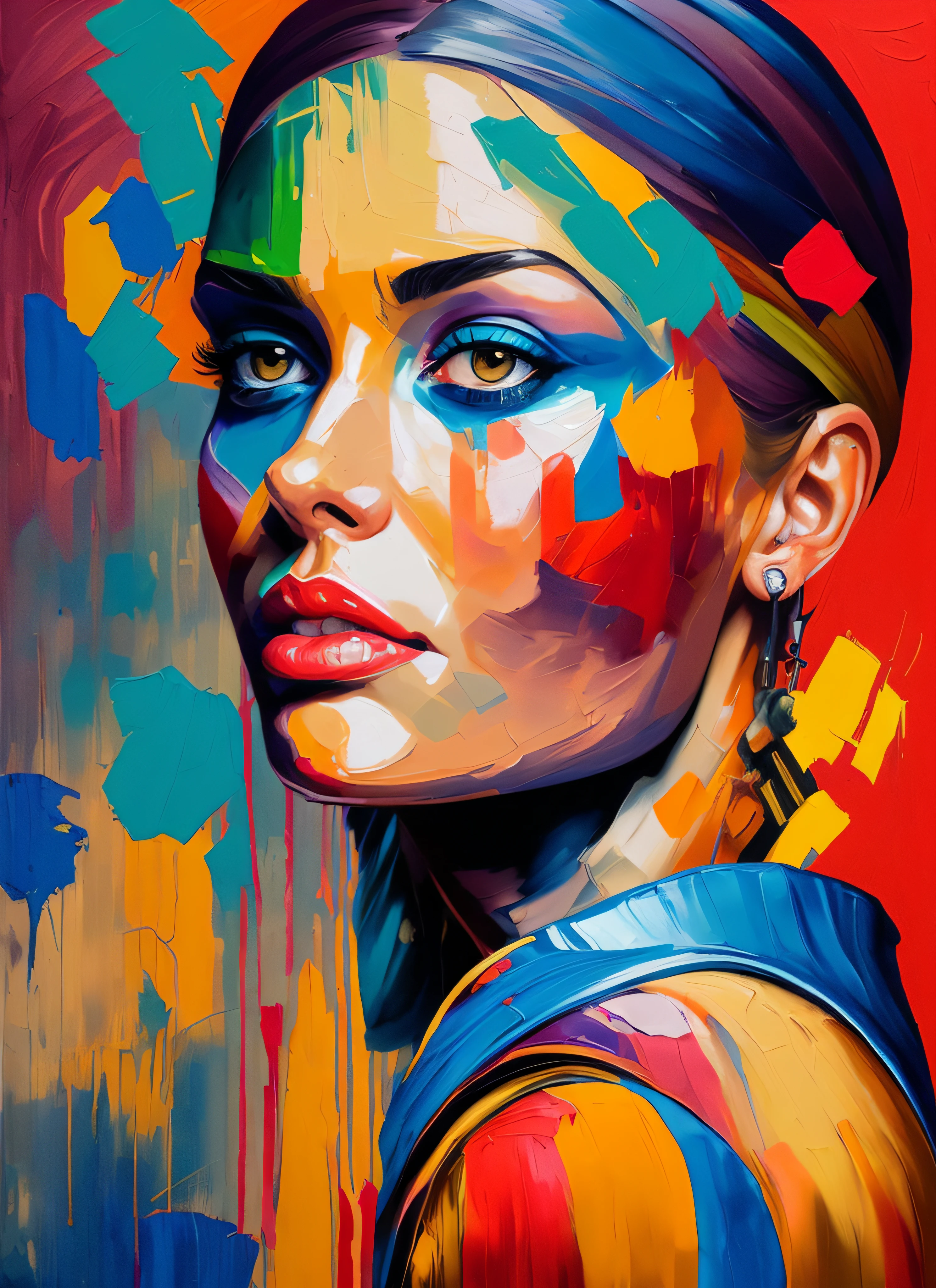 a painting of a woman with colorful makeup and a colorful headband, Arte de Alessandro Pautasso, Arte bonita UHD 4K, pintura detalhada 4K, inspirado em Sandra Chevrier, Megan Fox retrato colorido, Arte colorida, pintura digital vibrante, pintura digital colorida, Sandra Chevrier : : retrato, pintura digital impressionante, arte da pintura digital, arte digital pintada