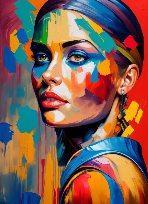 a painting of a woman with colorful makeup and a colorful headband, Arte de Alessandro Pautasso, Arte bonita UHD 4K, pintura det...