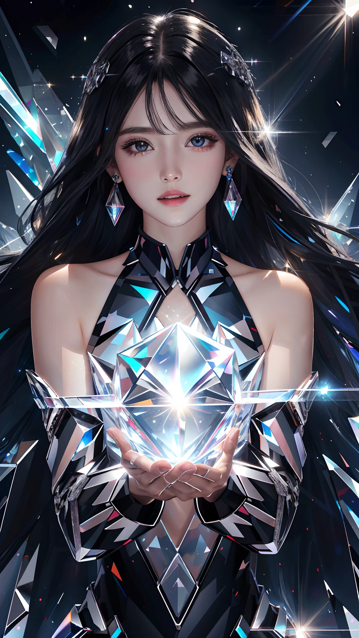 Ultra hd, 8k quality, a girl, happy, very long hair, detailed eyes, glossy lips, black Crystalline dress, black crystals, hair crystal, reflecting blue, lights on crystals, spreading lights, neon effects, fantastic pose, whole body capture,