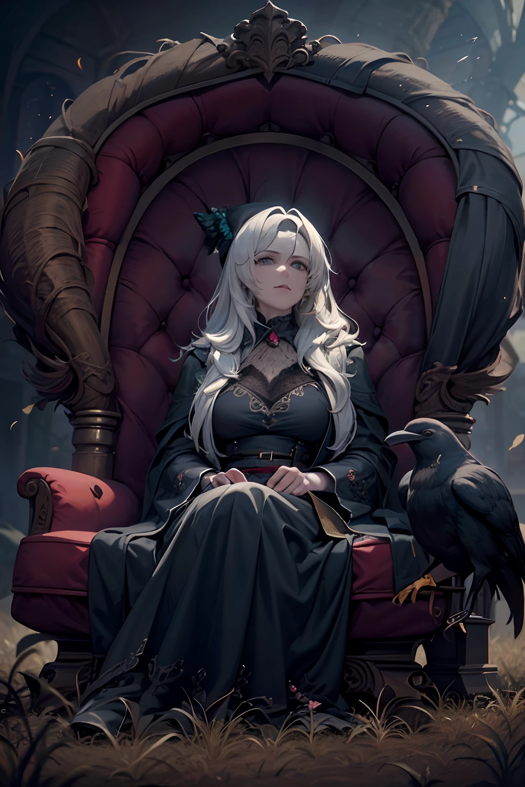 An old witch sits in a Kadilau chair in the background，She was holding a Soniste crow ，gloomy castle，solid color backdrop，clean backdrop，depth of fields，high light，Real light，Ray traching，OC renderer，UE5 renderer，Hyper-realistic，best qualtiy，8K，Works of masters，super-fine，Detailed pubic hair，Correct anatomy，