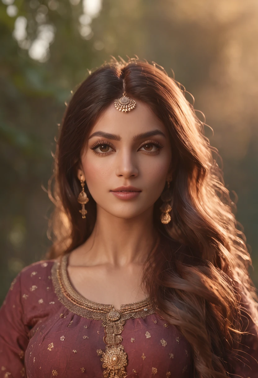 an ultra realistic  shot of a very beautiful Indian modern woman with gorgeous brown hair posing for a picture, extremely detailed and clear facial features, realistic barbie doll,  realistic anime art style, The color palette consists of warm, golden tones reflecting the sunlight. Her eyes, filled with the colors of a vibrant sunset, captivate the viewer. The illustration radiates a sense of ethereal beauty and connection to nature, cinematic, Hyper-detailed, insane details, Beautifully color graded, Unreal Engine, DOF, Super-Resolution, Megapixel, Cinematic Lightning, Anti-Aliasing, FKAA, TXAA, RTX, SSAO, Post Processing, Post Production, Tone Mapping, CGI, VFX, SFX, Insanely detailed and intricate, Hyper maximalist, Hyper realistic, Volumetric, Photorealistic, ultra photoreal, ultra-detailed, intricate details, 8K, Super detailed, Full color, Volumetric lightning, HDR, Realistic, Unreal Engine, 16K, Sharp focus, cgsociety 9