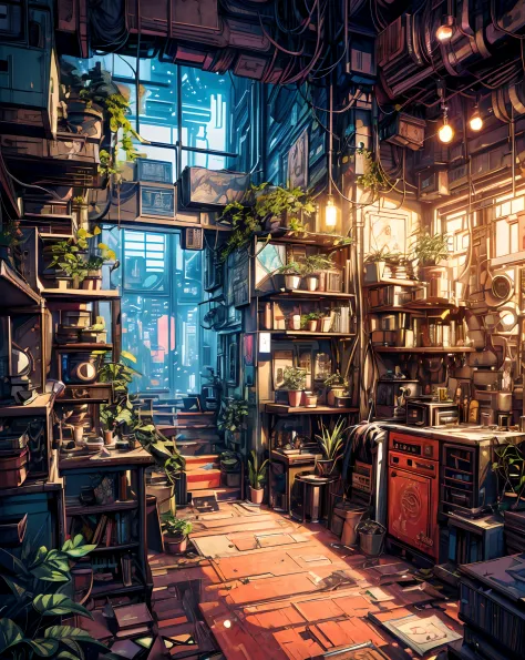 there is a room with a lot of books and plants, perfect maximalistic composition, anime background art, messy maximalist interio...