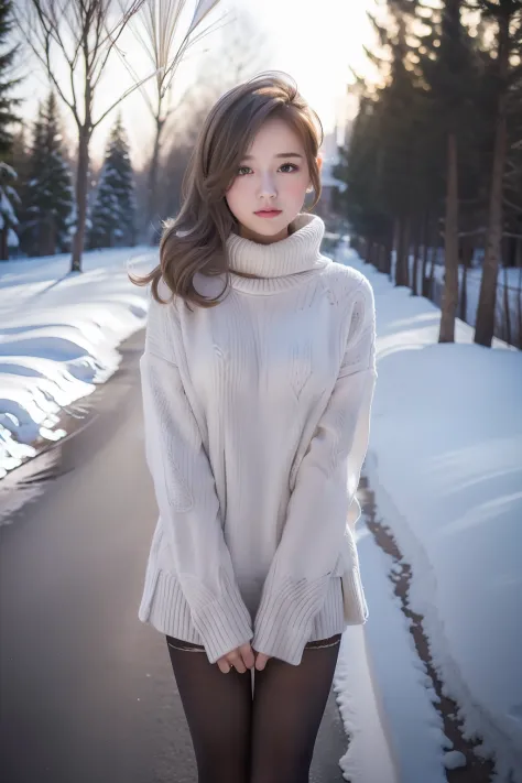 Winters，snow landscape，Beautiful teenage girl，lacepantyhose，Random color，long sweater，围巾，depth of fields，Real light，Ray traching，OC renderer，UE5 renderer，Hyper-realistic，best qualtiy，8K，Works of masters，super-fine，Detailed pubic hair，Correct anatomy