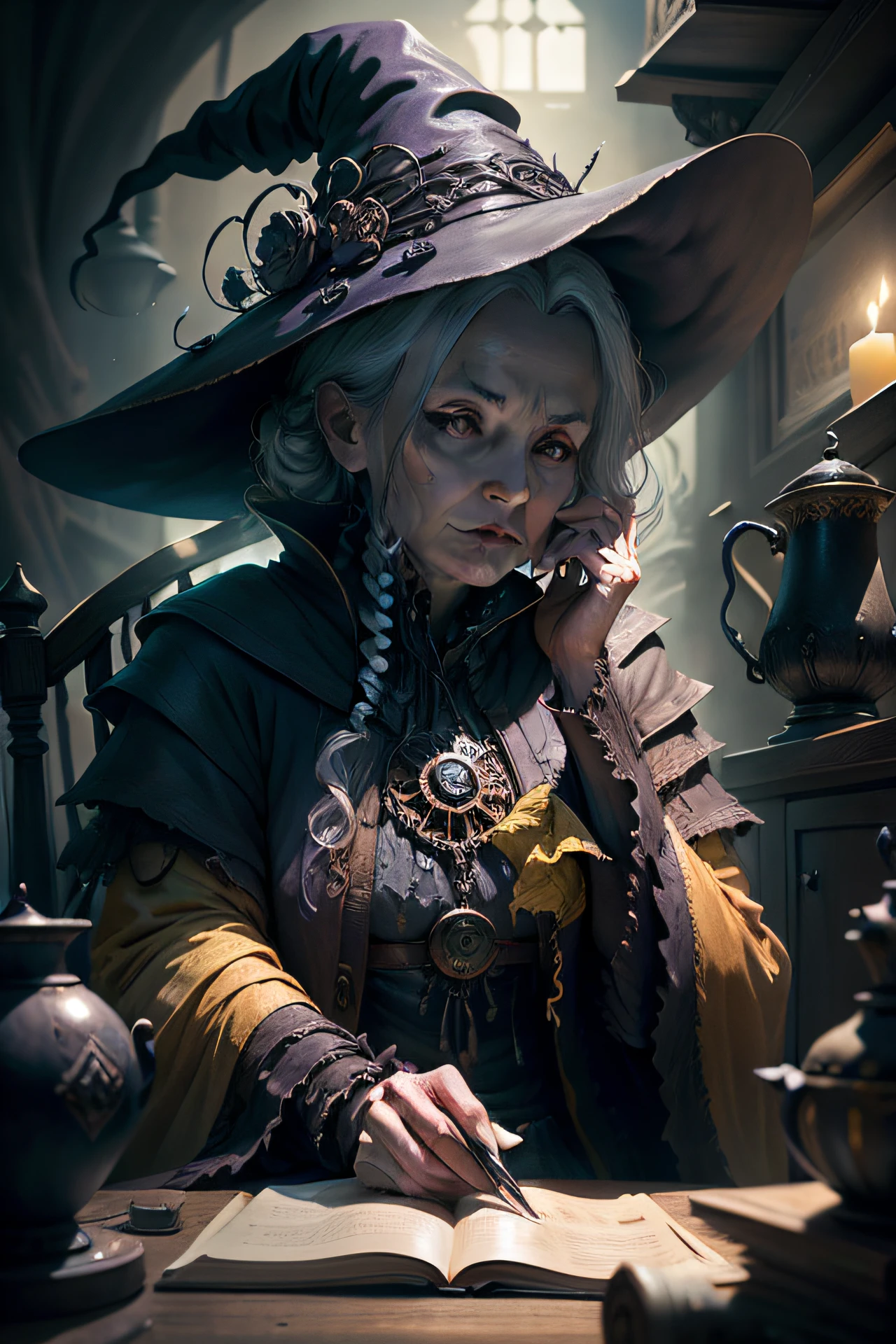 Eine alte Hexe sitzt in einem Calddirao-Stuhl im Hintergrund und hält eine Sony-Krähe