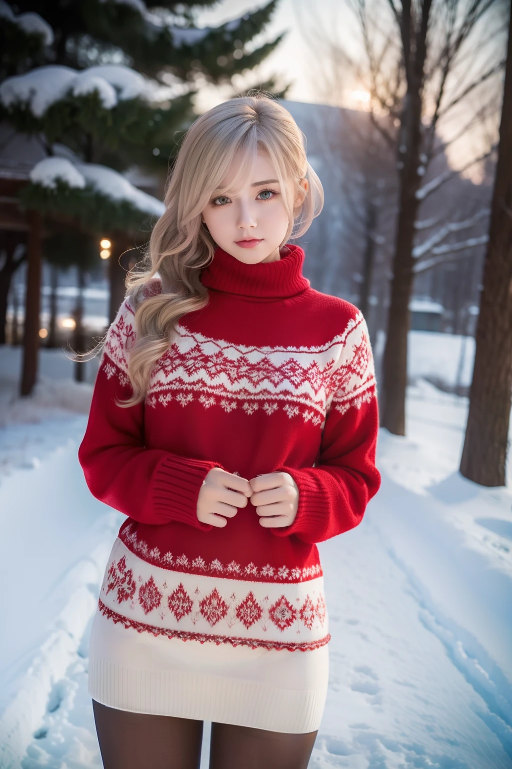 Winters，snow landscape，Beautiful teenage girl，lacepantyhose，Red，long sweater，围巾，depth of fields，Real light，Ray traching，OC renderer，UE5 renderer，Hyper-realistic，best qualtiy，8K，Works of masters，super-fine，Detailed pubic hair，Correct anatomy