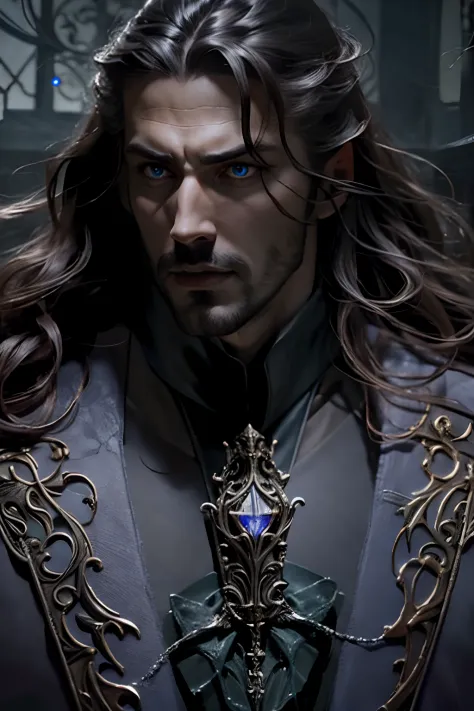 Castlevania Lord of the shadows very handsome face of man hyper realistic super detailed face glowing crystal eyes hyper realist...