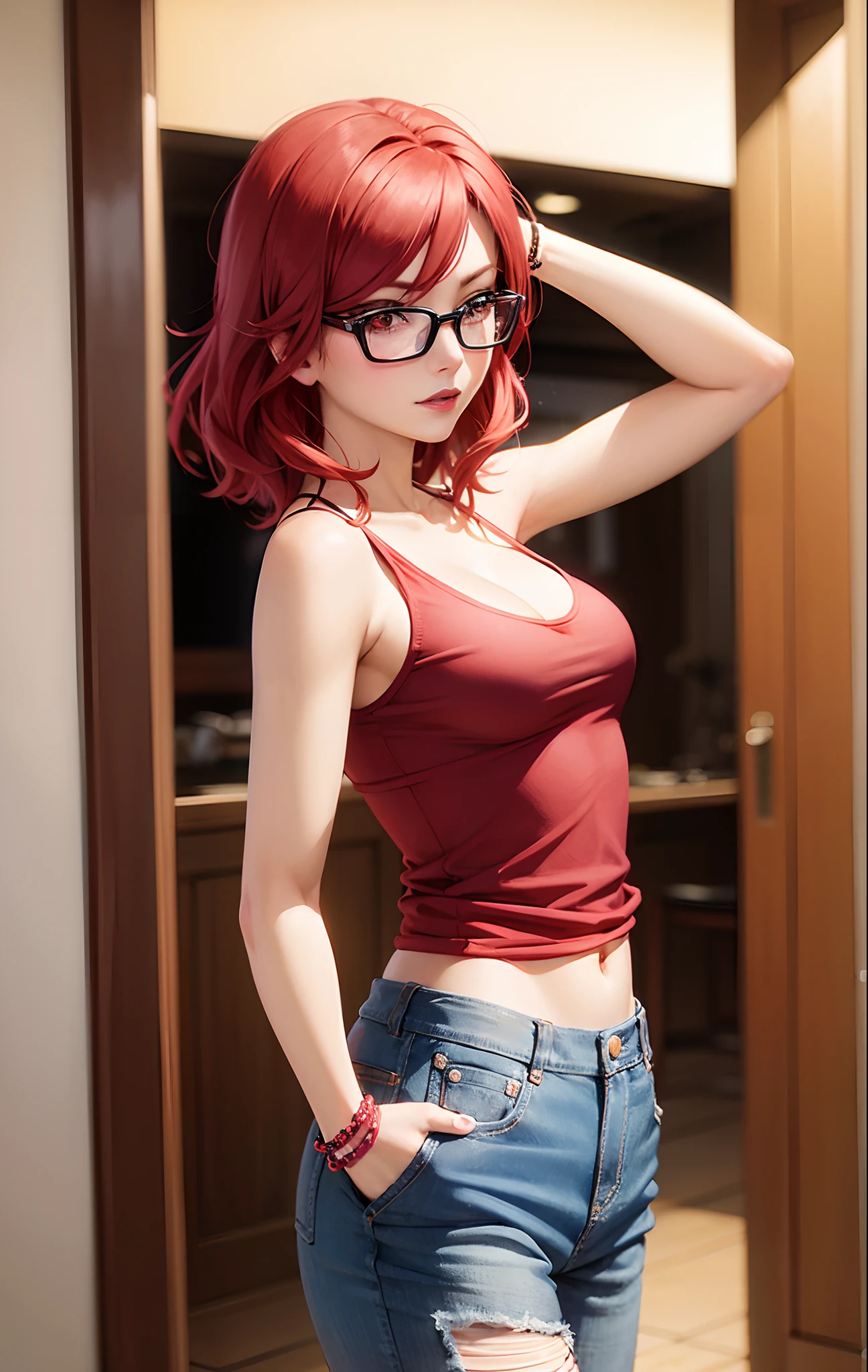 Nishikino maki, Purple eyes, red hair, lipstick,red tank top, denim pants,low waist pants,glasses, bracelet, cleavage, standing, realistic art, cowboy shot, sexy, hands in pockets