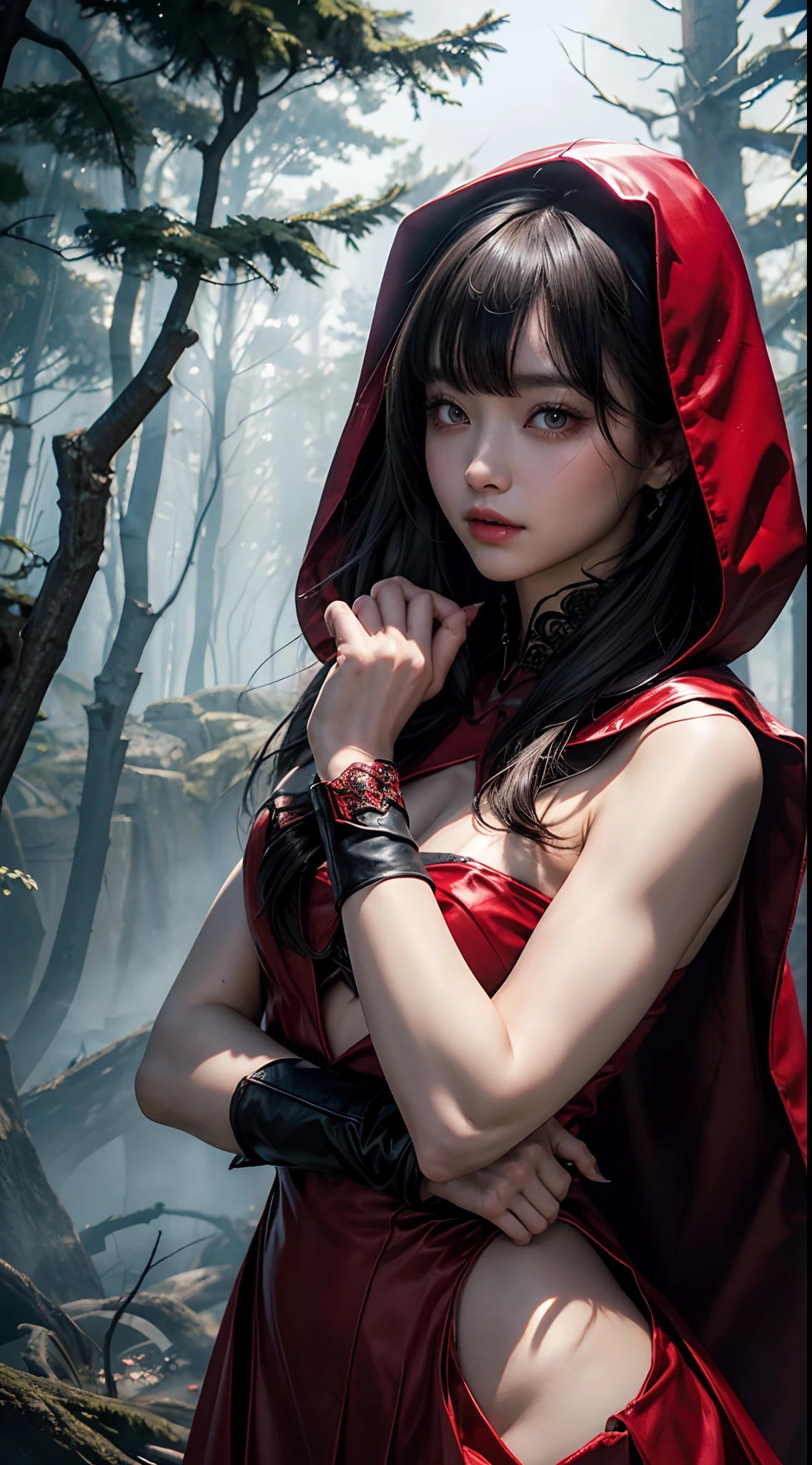 (8K, Raw photography, top-quality, ​masterpiece:1.2),  One Woman、Japan at the age of 18,fullllbody.{scinematic angle、Wide Angle、Don't split the screen、}（Realistic Skins 1.4）、（red riding hood、Wear a crimson hood）、（（（red hoods、Red dress、Black stockings、high-heels）））、（（（In the dark forest、In a deep eerie forest　、Pitch black night、Deep fog）））（（traces of wiping blood from the mouth,,,,,,,,,,,,,,,,,,,,、Red Eyes、Black and long nails））、50mm Lens、30mm film、wide angles、（long、straight haired、）、（A dark-haired、The forehead is hidden by bangs、）、Black eyes、shinny skin、Beautiful delicate face、Beautiful delicate eyes、｛tiny chest、small tits、muscular body、｝、