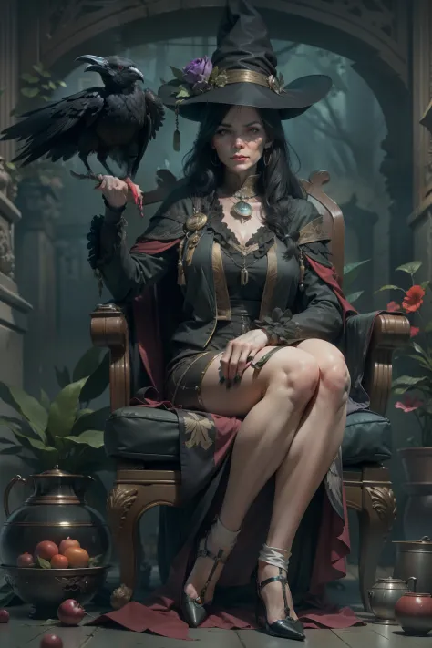 An old witch sits in a Kadilau chair in the background，She was holding a Soniste crow ，gloomy castle，solid color backdrop，clean backdrop，depth of fields，high light，Real light，Ray traching，OC renderer，UE5 renderer，Hyper-realistic，best qualtiy，8K，Works of ma...