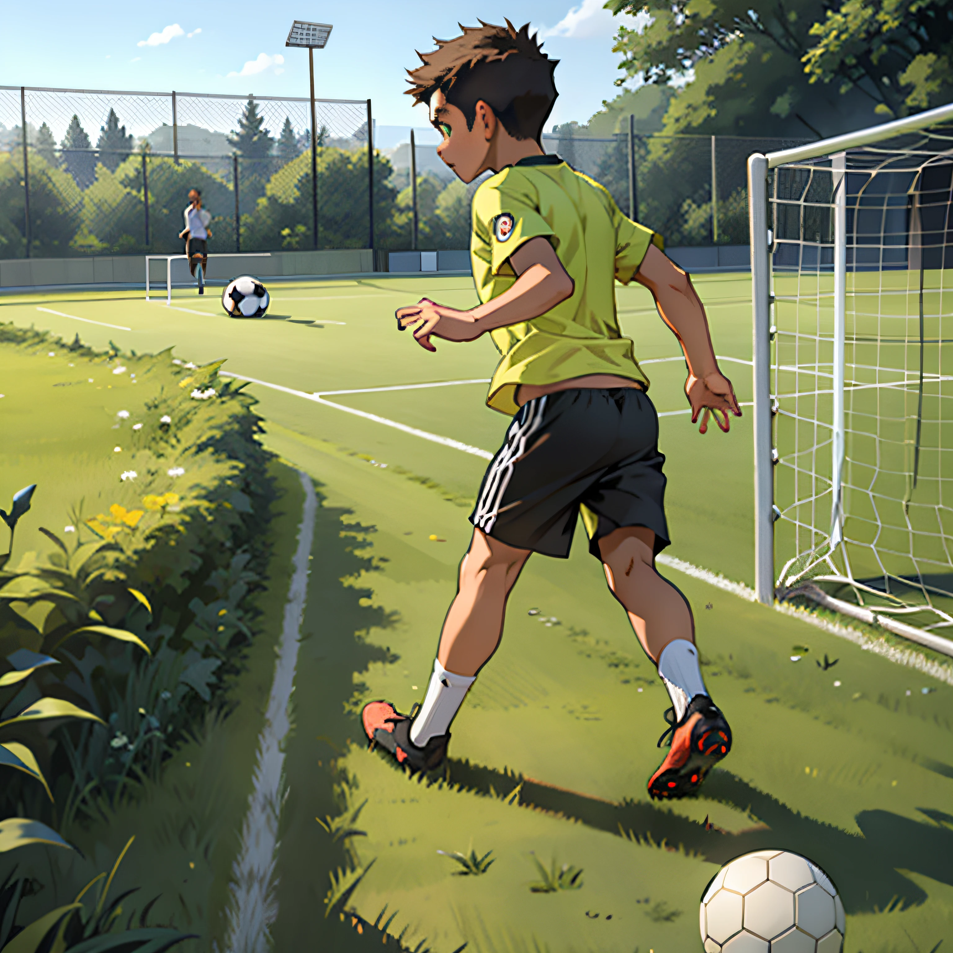 Um menino está jogando futebol，quadra de futebol