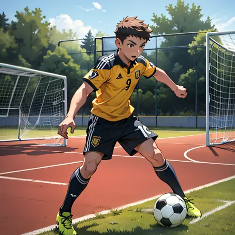 A boy is playing soccer，soccer court