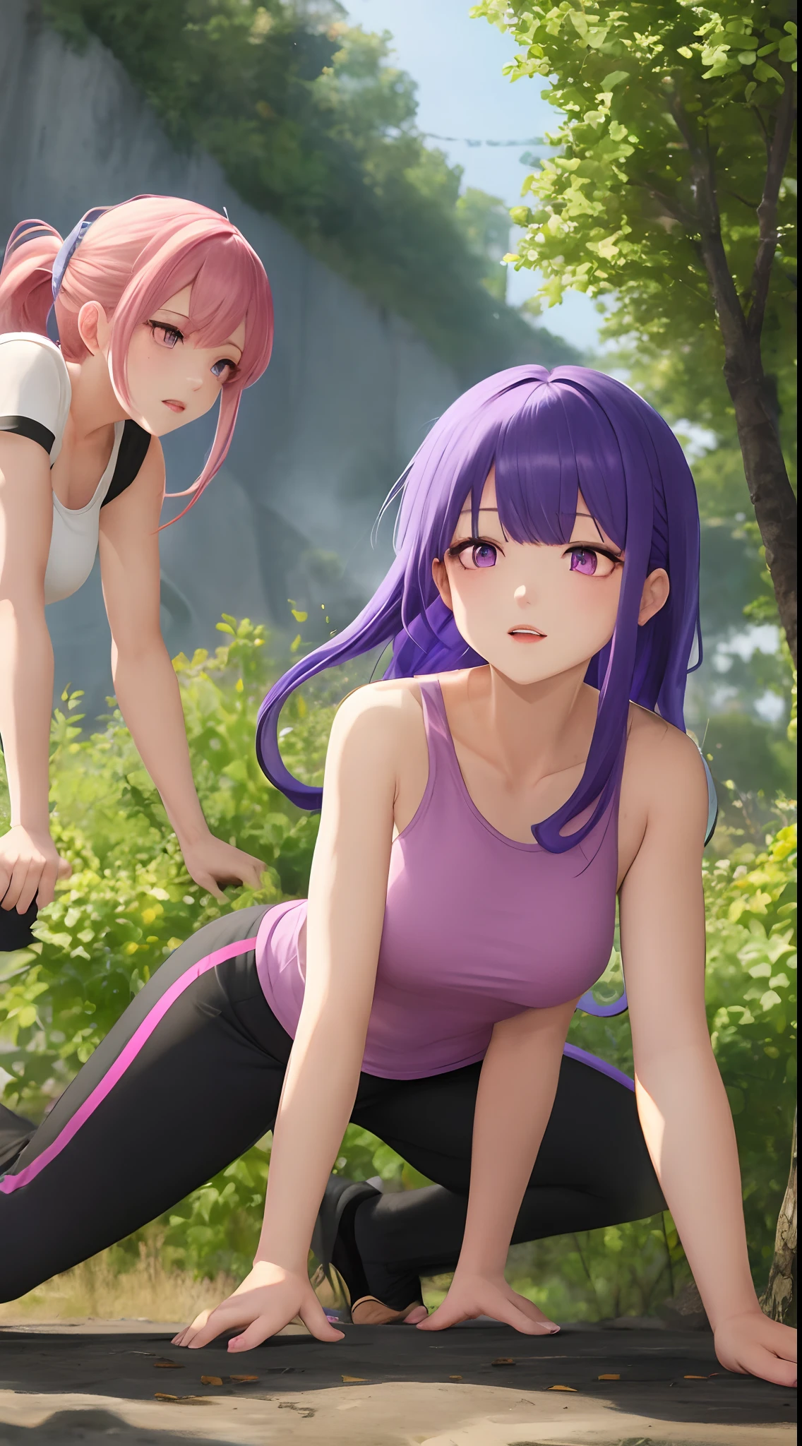 Anime girl with purple hair and purple top crouching down - SeaArt AI