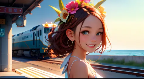 Octane Render、(Hyper-detailing: 1.15)、(Soft light、sharp: 1.2)、up of face、morning、Girl walking on a road parallel to the railroad...