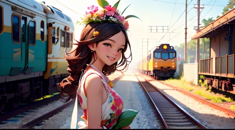 Octane Render、(Hyper-detailing: 1.15)、(Soft light、sharp: 1.2)、up of face、morning、Girl walking on a road parallel to the railroad...