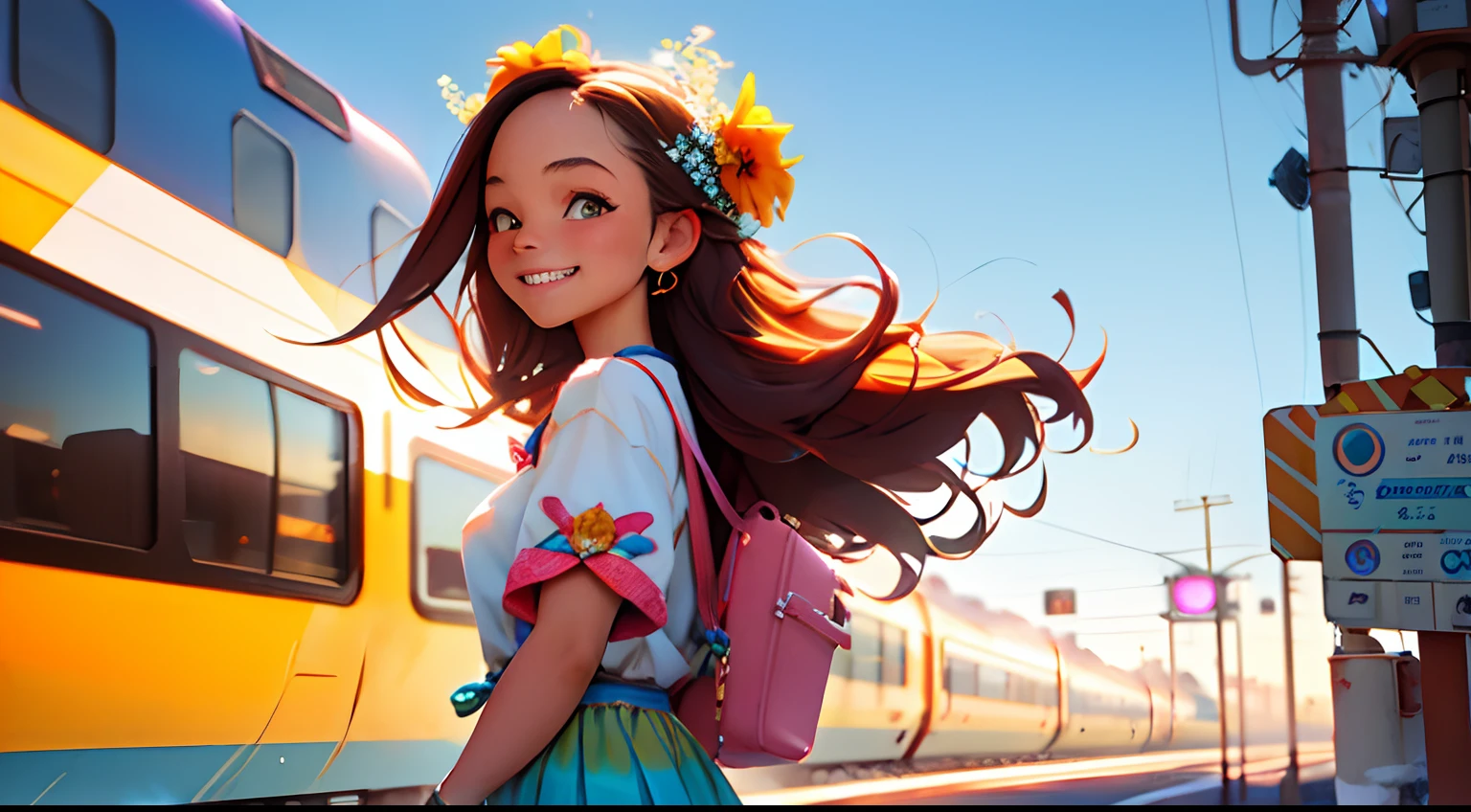 Octane Render、(Hyper-detailing: 1.15)、(Soft light、sharp: 1.2)、up of face、morning、Girl walking on a road parallel to the railroad tracks、Vigorous、You can see the sea in the background, I see the train、（ hair adornments、Floral hair ornament）, Anatomically correct、A smile, radiant light、up of face