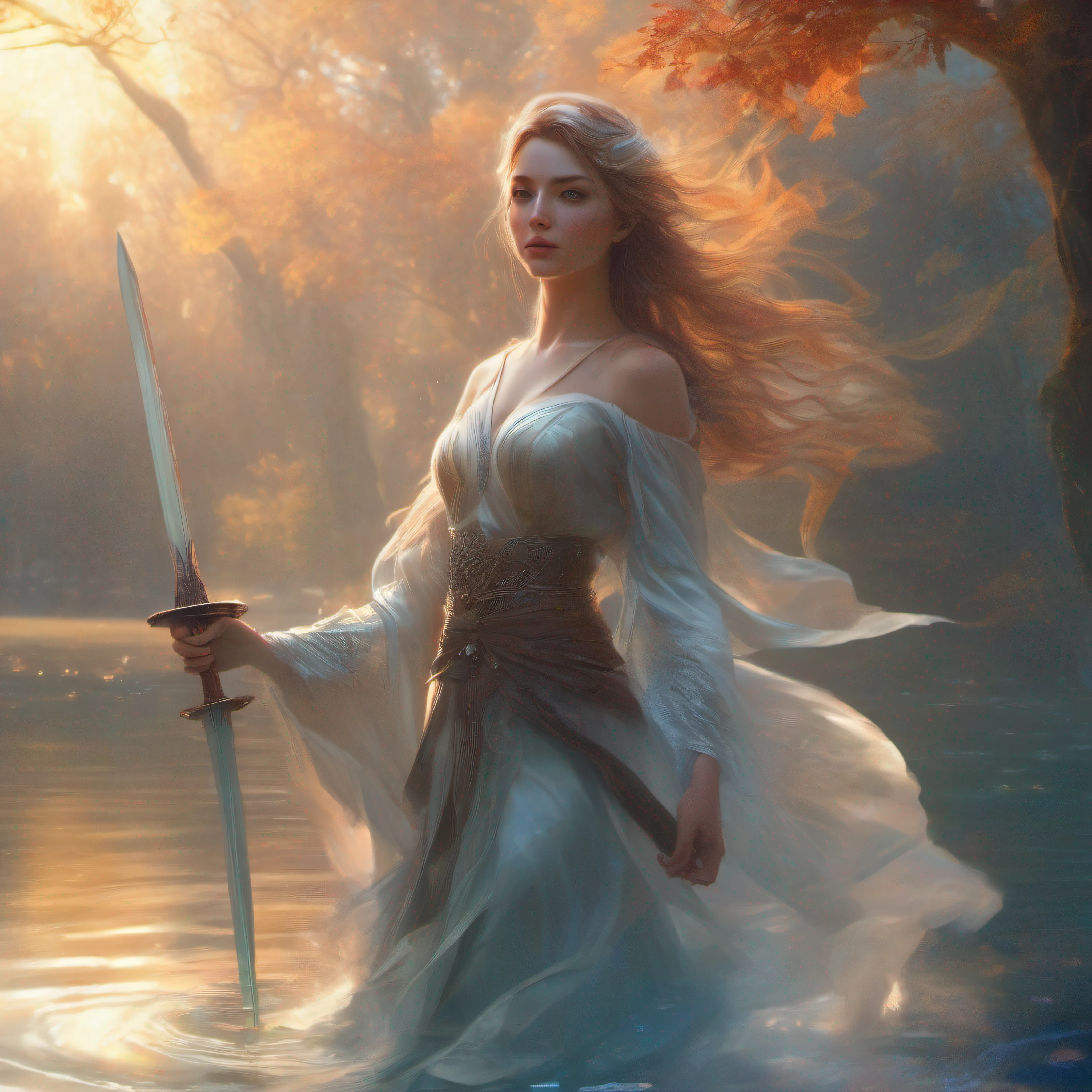 lady of the lake, a fey woman partially submerged, arms outstretched ...