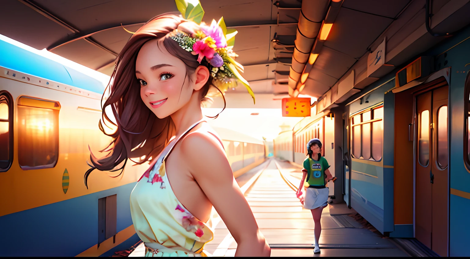 Octane Render、(Hyper-detailing: 1.15)、(Soft light、sharp: 1.2)、up of face、morning、Girl walking on a road parallel to the railroad tracks、Vigorous、You can see the sea in the background, I see the train、（ hair adornments、Floral hair ornament）, Anatomically correct、A smile, radiant light、up of face