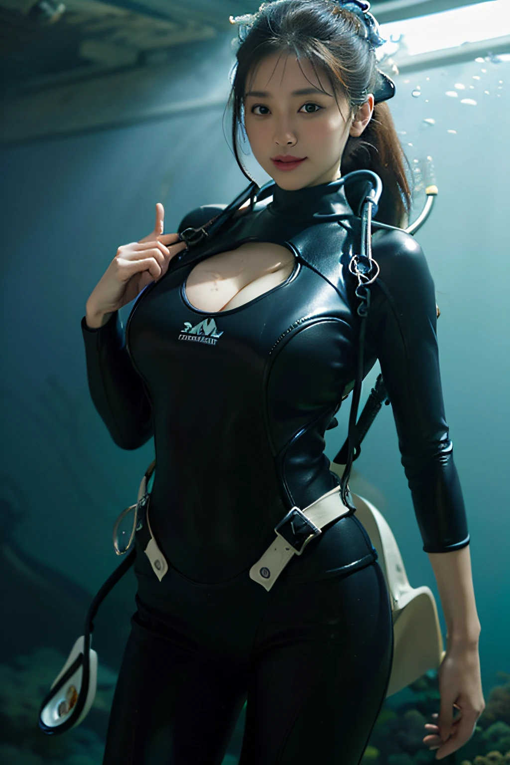 Best Quality, masutepiece, 超A high resolution, Photorealistic, Cowboy Shot、1womanl、(Glamorous body)、(huge-breasted:1.2), massive hips,  (Scuba diving bodysuit:1.4), (Navel), beautiful countenance, 40 years、ssmile、obscenity、Dosukebe、(Background with：Cruiser Deck:1.2)
