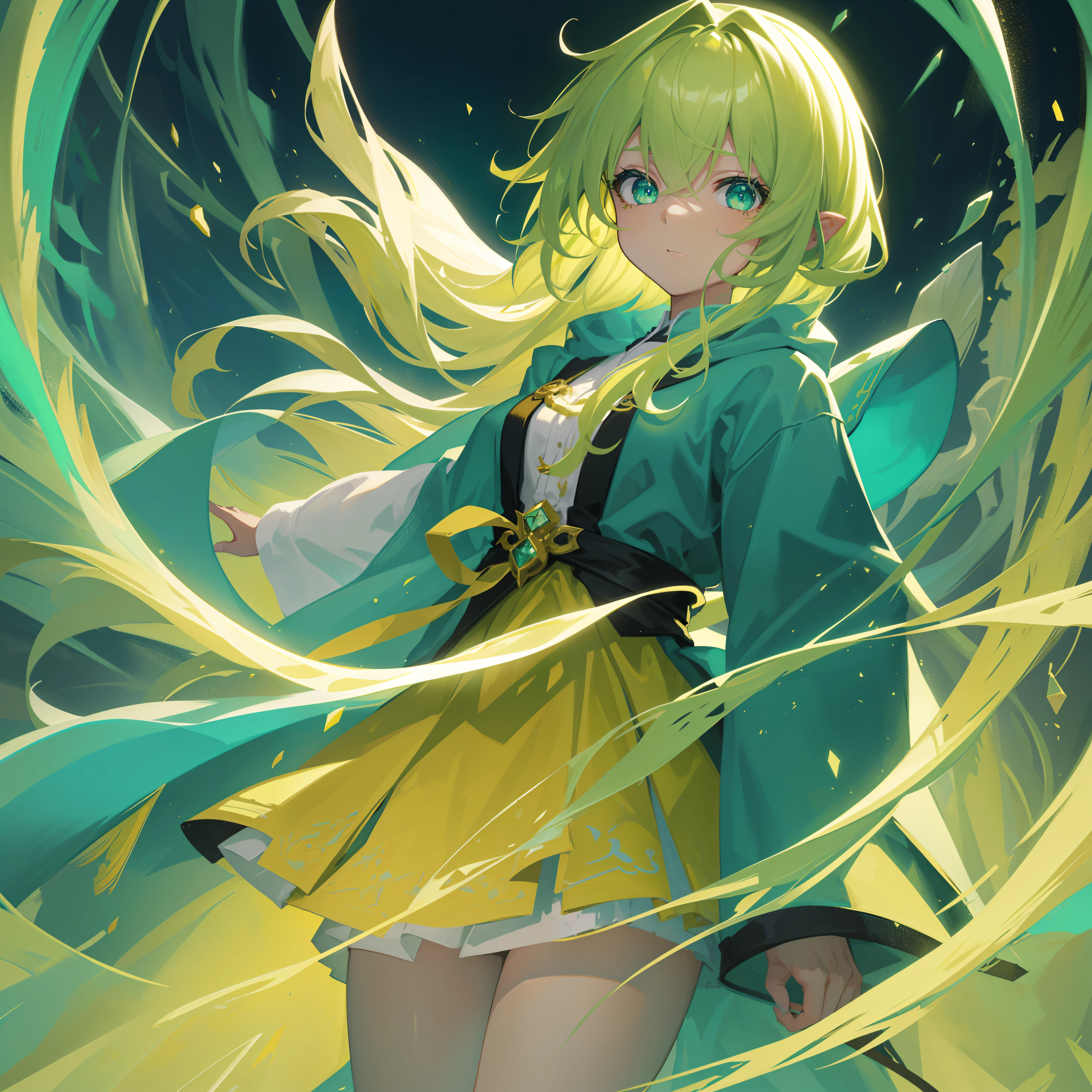 Anime girl with long blonde hair and green cape holding a sword - SeaArt AI