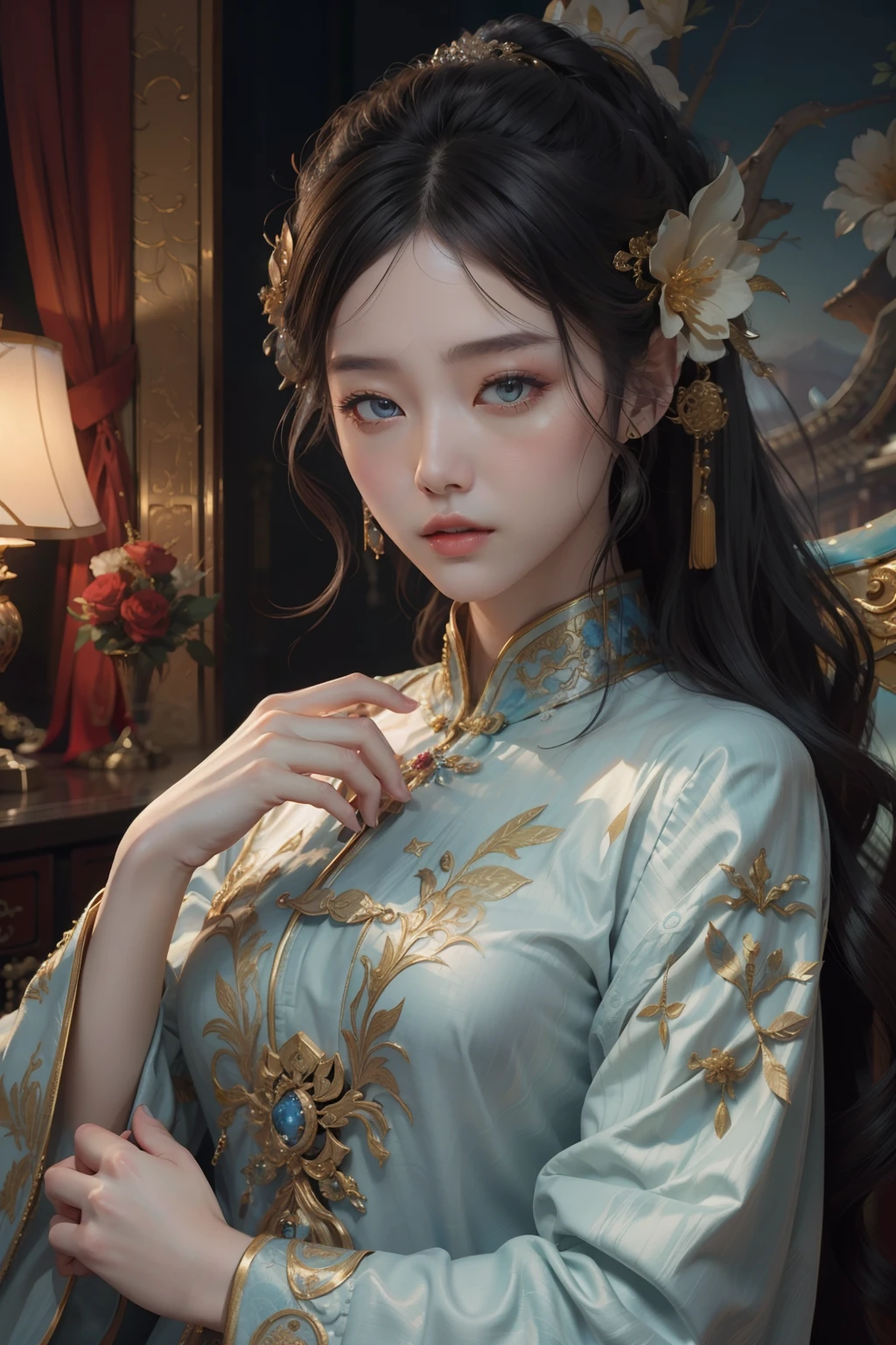 ((top-quality、​masterpiece、photographrealistic:1.4、8K))、Beautuful Women、delicate and beautiful face、Chinese Princess、（Chinese style luxury dresses and headdresses）、Luxury accessories、Cinematic lighting、Textured skin、Super Detail、high detailing、High quality、hight resolution、（A Chinese castle in the background）、florals、The tree、bamboo