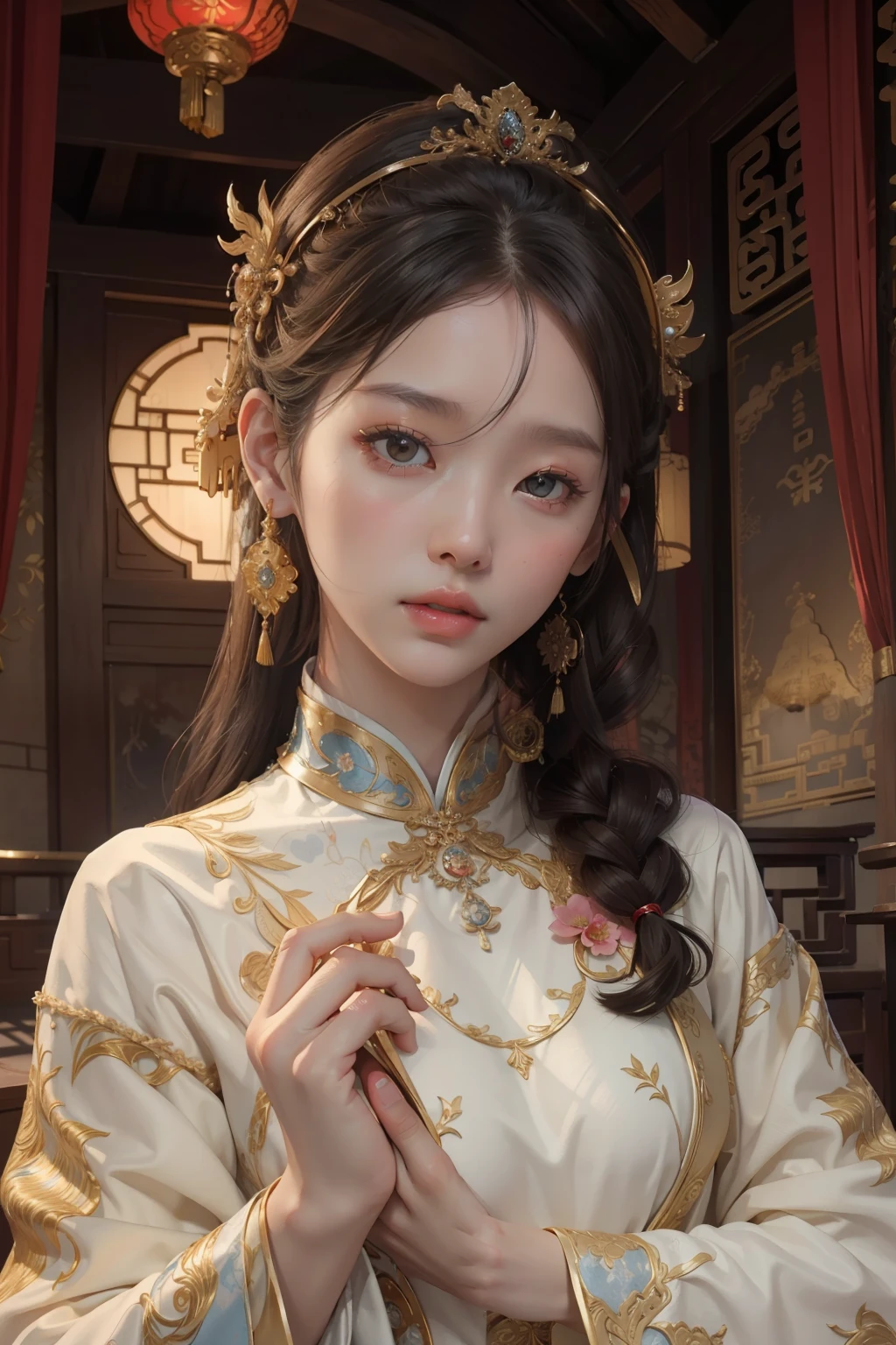 ((top-quality、​masterpiece、photographrealistic:1.4、in 8K))、Beautuful Women、full bodyesbian、delicate and beautiful face、Chinese Princess、（Chinese style luxury dresses and headdresses）、Luxury accessories、Cinematic lighting、Textured skin、Super Detail、high detailing、High quality、hight resolution、（A Chinese castle in the background）、florals、The tree、bamboo