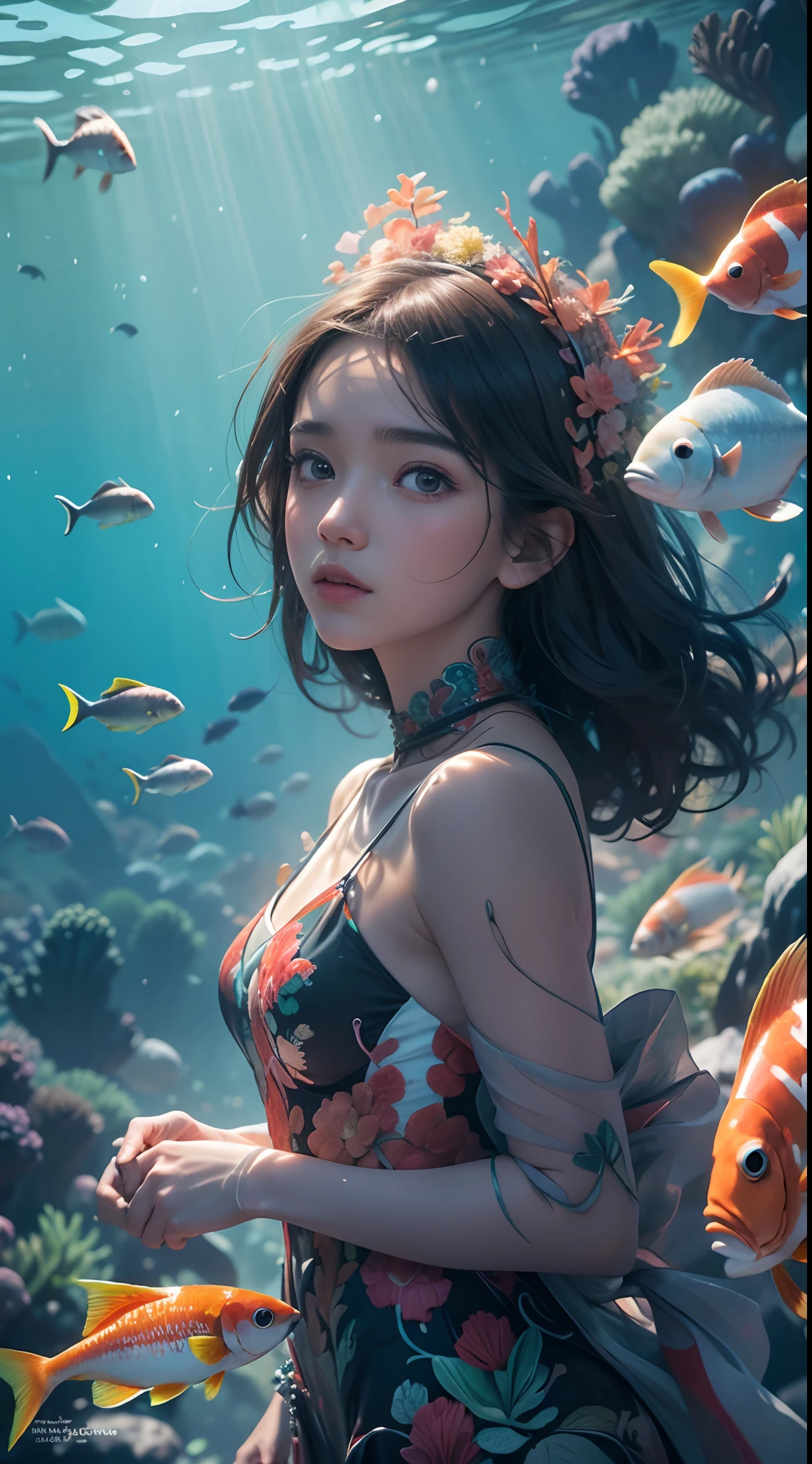 modelshoot style, (extremely detailed CG unit 8k wallpaper), A chaotic storm of intricate liquid smoke in the head, Stylized abstract portrait of pretty, skin wet,Koi，Koi bonito | | | | | |，Bandas Koi,carp，Strangely shaped corals，Ocean floor，Beautiful coral reef in the background，rockery,Marine life，colorful coral reef,Decorate with coral reefs,author：Petros Afshar, ross tran, Tom Baleia, peter mohrbacher, art germ, vidro quebrado, ((bubbly underwater scenery)) The octane rendering of radiant light is highly detailed, inspired by Yanjun Cheng, beautiful digital art, Guviz-style artwork, Highly detailed 8K digital art, Beautiful digital illustration, detailed digital art cute, stunning digital illustration, a beautiful artwork illustration, exquisite digital illustration,Detailed 8K digital art,