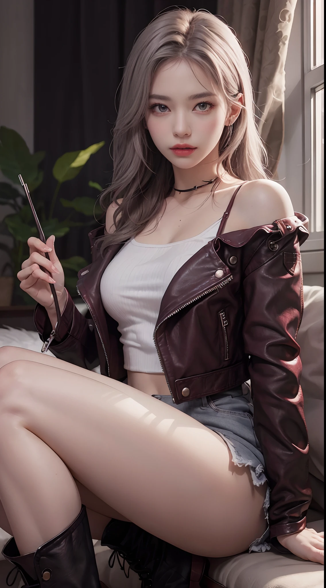 Sexy beauty ，Cool boots，Gray hair，cropped shoulders， Burgundy，CE leather jacket，highly detailedskin，Realistic details of skin，Visible pores，Clear focus，volume fog，8K  UHD，digital SLR camera，high qulity，filmgrain，White skin of the，photo-realism，