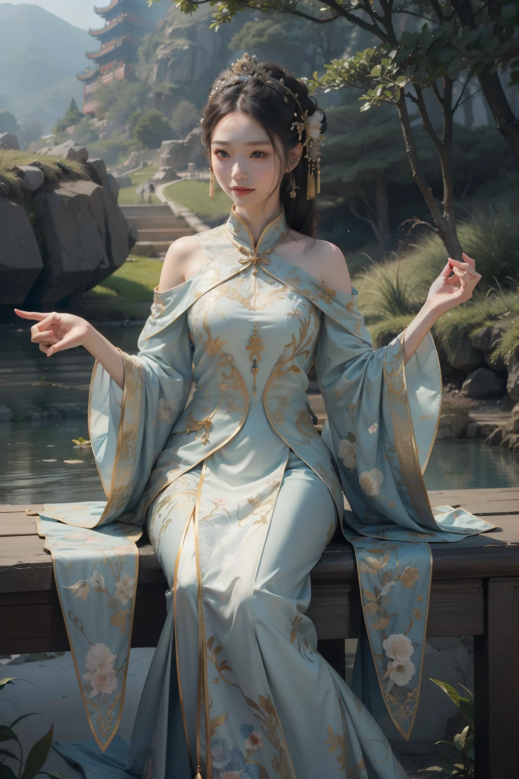 ((top-quality、​masterpiece、photographrealistic:1.4、in 8K))、Beautuful Women、full body Esbian、delicate and beautiful face、chinese princess、（Chinese style luxury dresses and headdresses）、Luxury accessories、Cinematic lighting、Textured skin、Super Detail、high detailing、High quality、hight resolution、（Mysterious Chinese mountains and ponds on background）、florals、The tree々、Elegant smile（looking at the viewers）