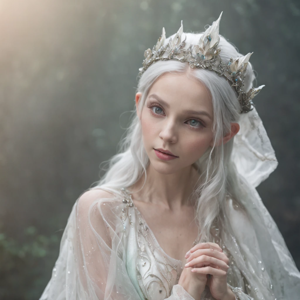 "Elf Princess，A feminine and mysterious existence，Wearing a graceful white fairy robe，Wears seven colored hair，Draped over a neckband。She stood in the fog，There are water droplets splashing around，Clouds drift by，It was getting dark。The picture is delicate and full of watercolor-like colors。"