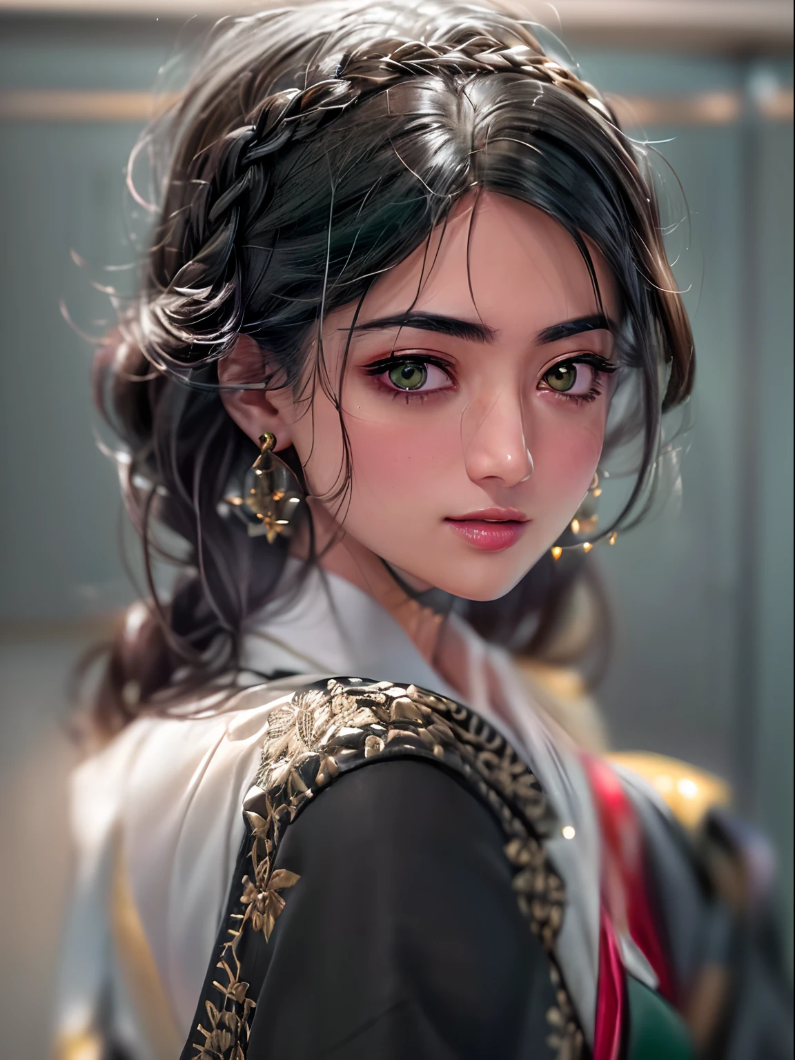 (masterpiece, high resolution:1.3), (portrait of a Rashmika woman with long hair adorned with multiple braids and red ribbons:1.3), (her striking green eyes shining brightly:1.1), (Sony Alpha 7R IV camera, known for its exceptional image quality and detail:1.2), (paired with the Sony FE 85mm f/1.4 GM lens:1.2), (her flawless skin and expertly makeup-enhanced lips:1.3), (dressed elegantly in a black blazer and white blouse:1.3), (wearing a long black skirt:1.3), (inside the elevator, with perfect illumination on her face:1.2), (the camera and lens combination ensuring sharpness and clarity in the portrait:1.2), (the blazer and skirt exuding professionalism and style:1.2), (her long hair with red ribbons adding a touch of charm:1.1), (her green eyes reflecting a sense of allure and mystery:1.1), (her facial features beautifully illuminated, capturing her essence:1.1), (the elevator creating a sense of solitude and introspection:1.1), (the portrait showcasing her poise and grace:1.1), (a moment of tranquility and self-assurance:1.1), (the Sony FE 85mm f/1.4 GM lens creating a pleasing background blur:1.1), (a timeless image that celebrates the beauty of the individual:1.1), (a portrayal of elegance and confidence:1.1), (the perfect lighting capturing every detail of her face:1.1), (a photo that captures the grace and beauty of the Japanese culture:1.1), (a moment of introspection and serenity in the confined space of the elevator:1.1), (the camera's advanced capabilities delivering exceptional image quality:1.1), (an image that tells a story of elegance and individuality:1.1), (the woman's radiant green eyes drawing viewers in:1.1)