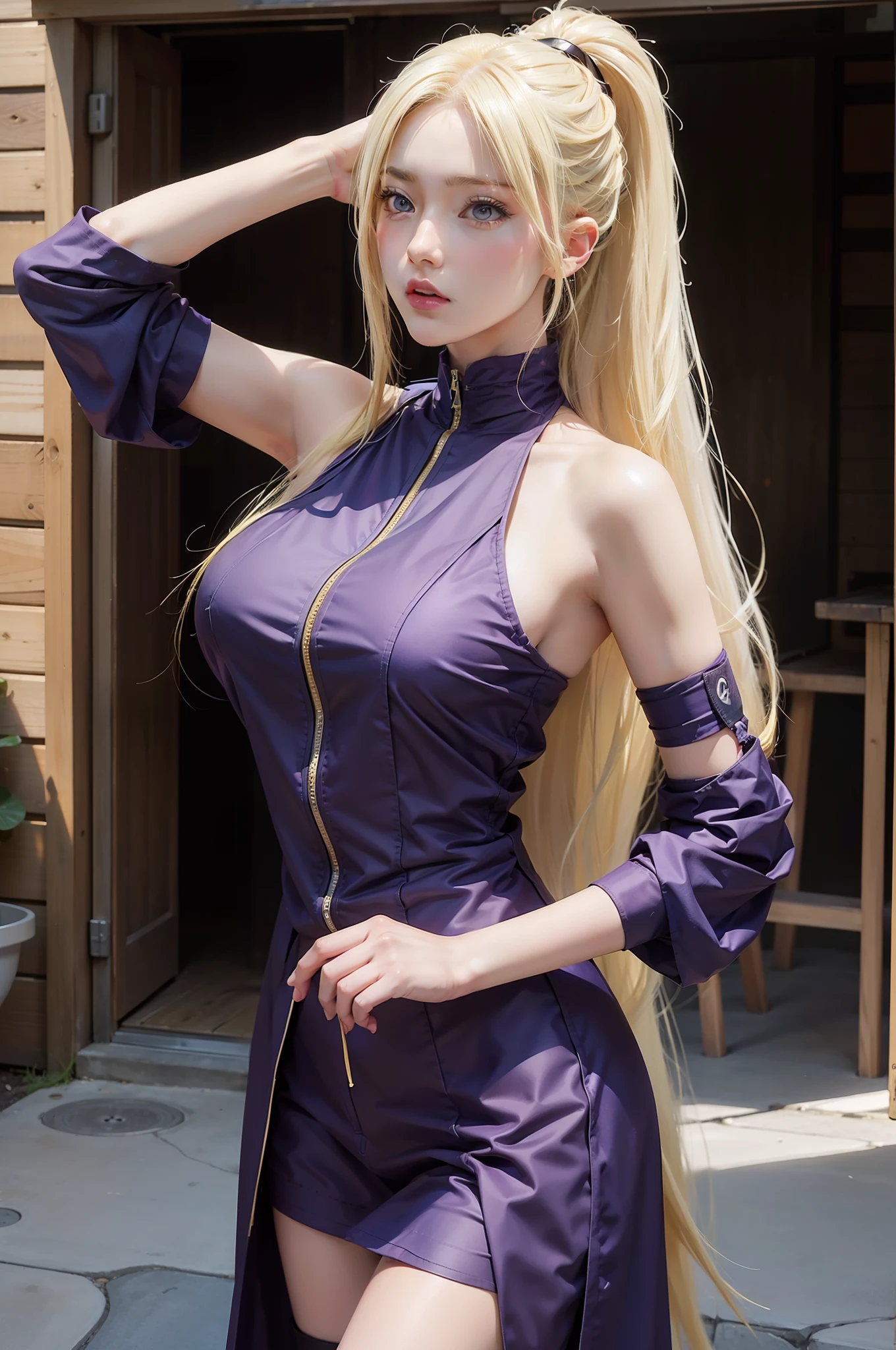 1 chica, yamanaka ino in anime naruto, pelo largo, Cabello amarillo, blue eyes, Hermoso, ropa morada, pecho muy grande, Realista clothes, detalle de ropa, fondo al aire libre, ultra detalle, Realista