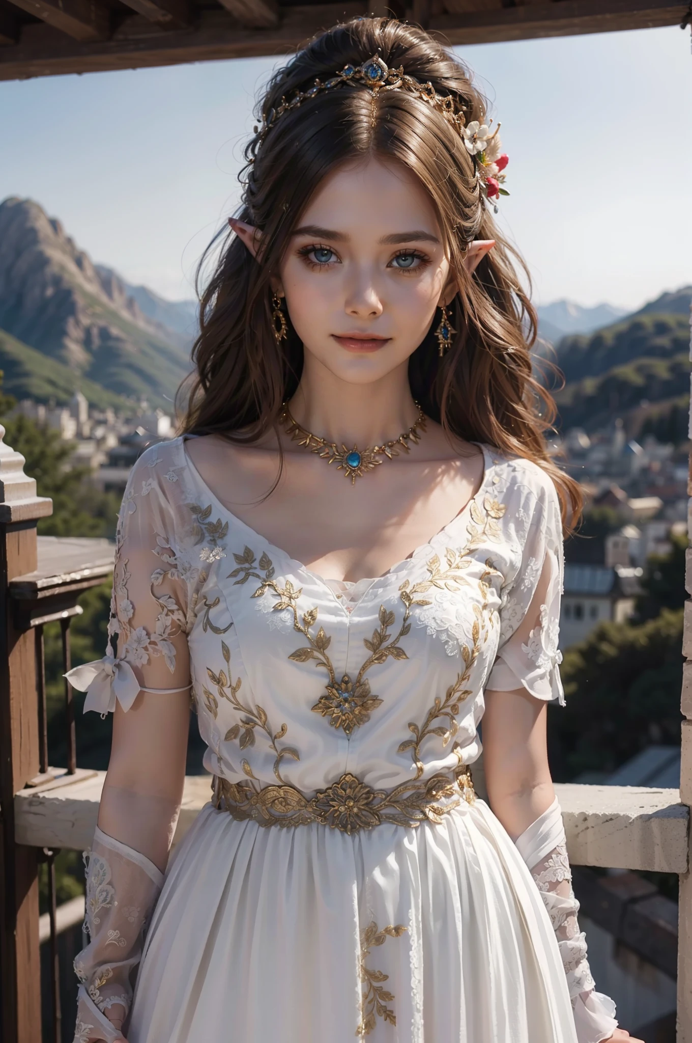 ((top-quality、​masterpiece、photographrealistic:1.4、8K))、Beautuful Women、Beautiful expression、extremely detailed eye and face、beatiful detailed eyes、（Mysterious and natural dress、Dress with intricate beautiful embroidery with golden thread on white fabric）、（Fantastic mountain behind a beautiful elf々and castles。Hair sways gracefully）、Cinematic lighting、Textured skin、Super Detail、high detailing、High quality、hight resolution、Looking at Viewer、Elegant smile、Full body、Elf Wide Angle, Complex and beautiful elven city and castle in the mountains