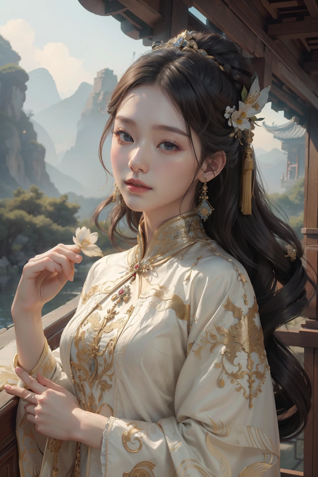 ((top-quality、​masterpiece、photographrealistic:1.4、in 8K))、Beautuful Women、full body Esbian、delicate and beautiful face、chinese princess、（Chinese style luxury dresses and headdresses）、Luxury accessories、Cinematic lighting、Textured skin、Super Detail、high detailing、High quality、hight resolution、（Mysterious Chinese mountains and ponds on background）、florals、The tree々、Elegant smile（looking at the viewers）