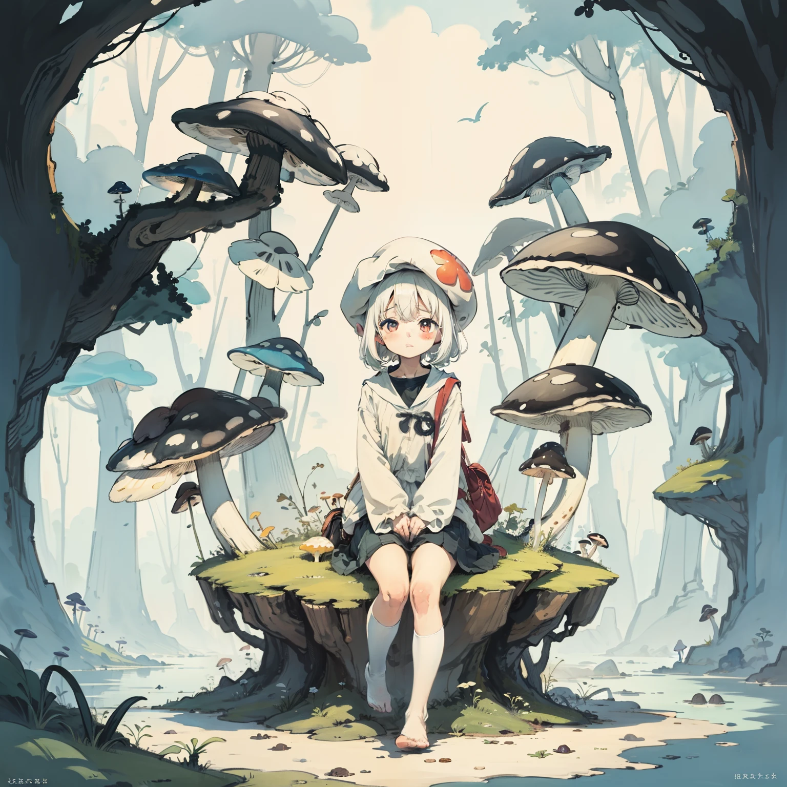 Explore the kingdom of psychedelic and fantasy mushrooms，Huge mushrooms，Watercolor illustration, Perfect anatomy, Masterpiece, Best quality, 1girll, Loli,elementary student， Solo, (with short white hair:1.2),Nature, landscape，tiny feet, Sit on mushrooms，Soar into the sky